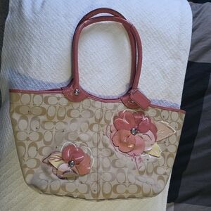 Coach Beige Signature Tote with Pink Floral Appliqués